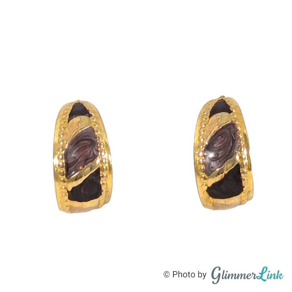 Vintage Kerissa Half Hoop Enamel Swirl Gold Tone Earrings